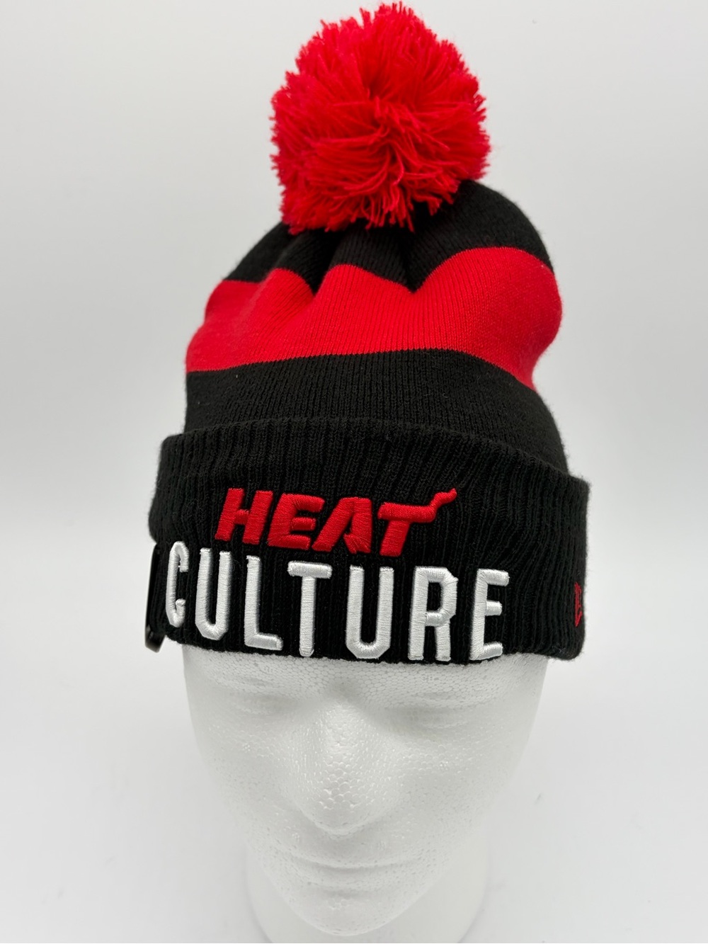 New Era Black and Red Pom Knit Beanie with Heat Culture Script